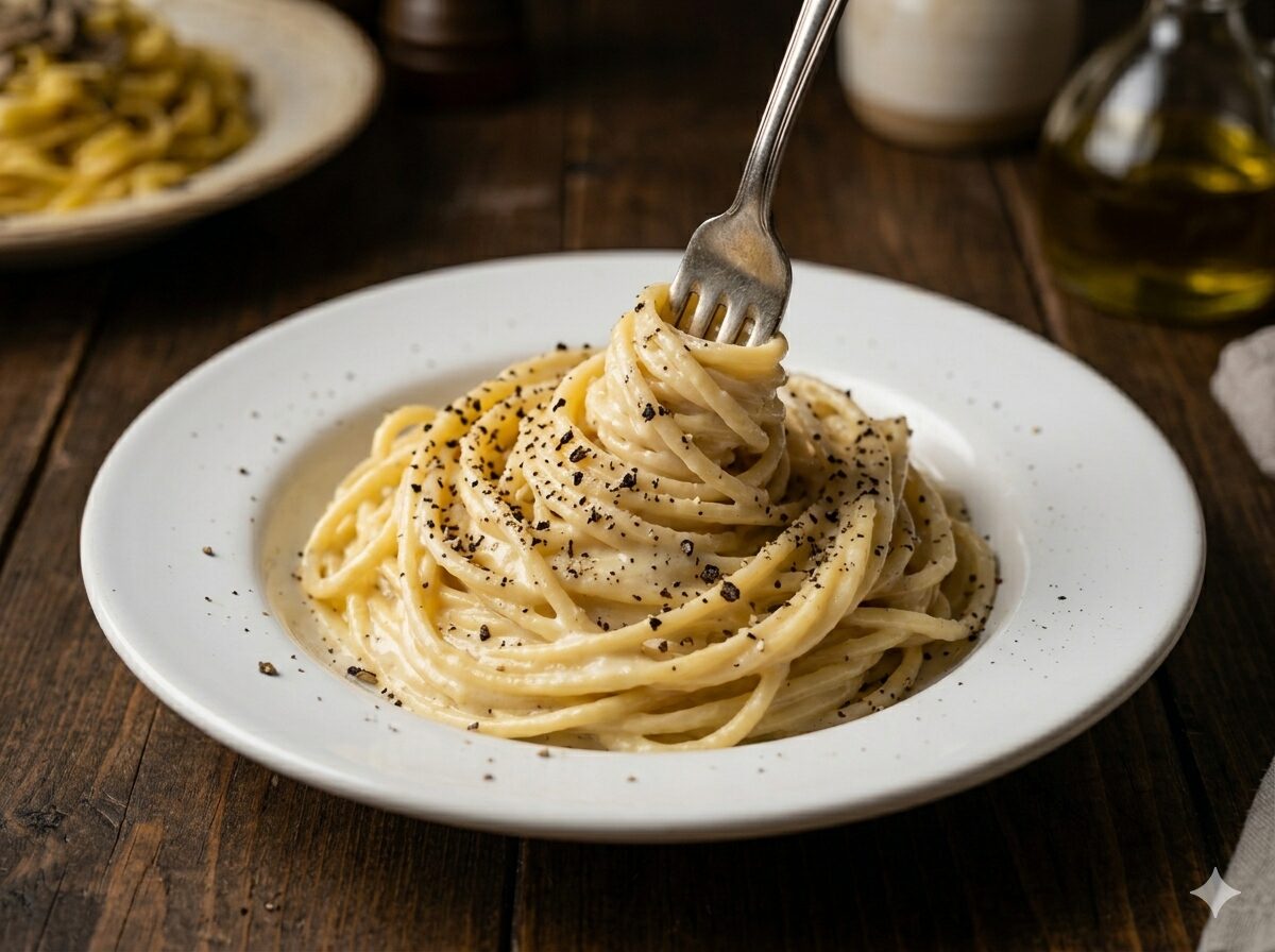 Plato de tonnarelli cacio e pepe con pecorino romano y pimienta negra molida