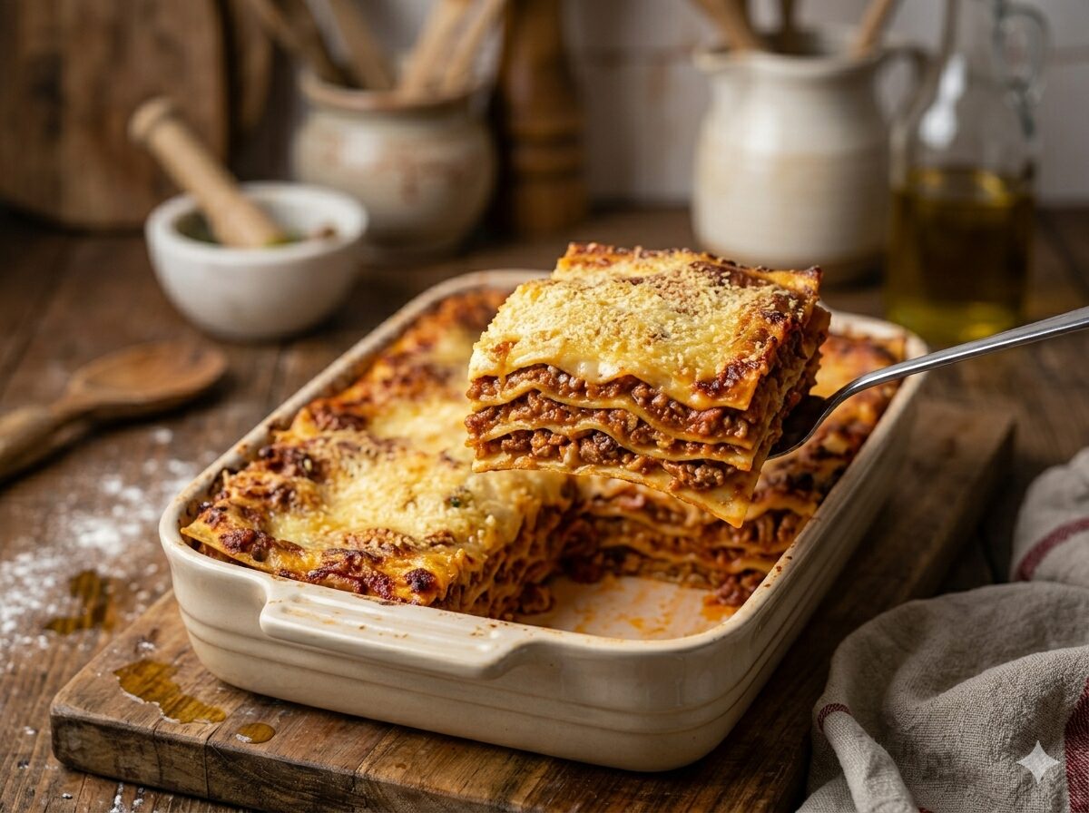 Porción de lasagna alla bolognese con capas visibles de ragù, bechamel y parmigiano