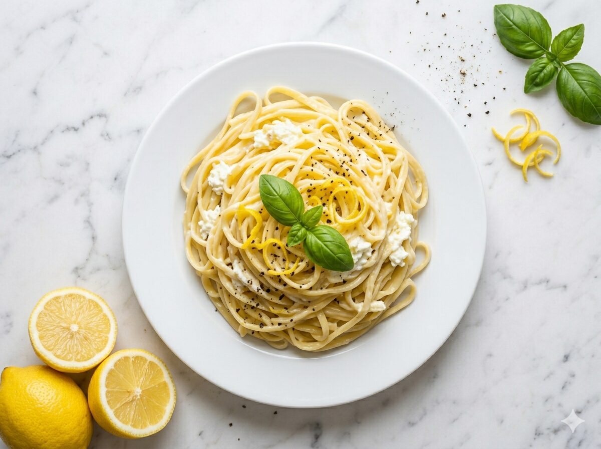Linguine al limone con ricotta y ralladura de limón amalfitano