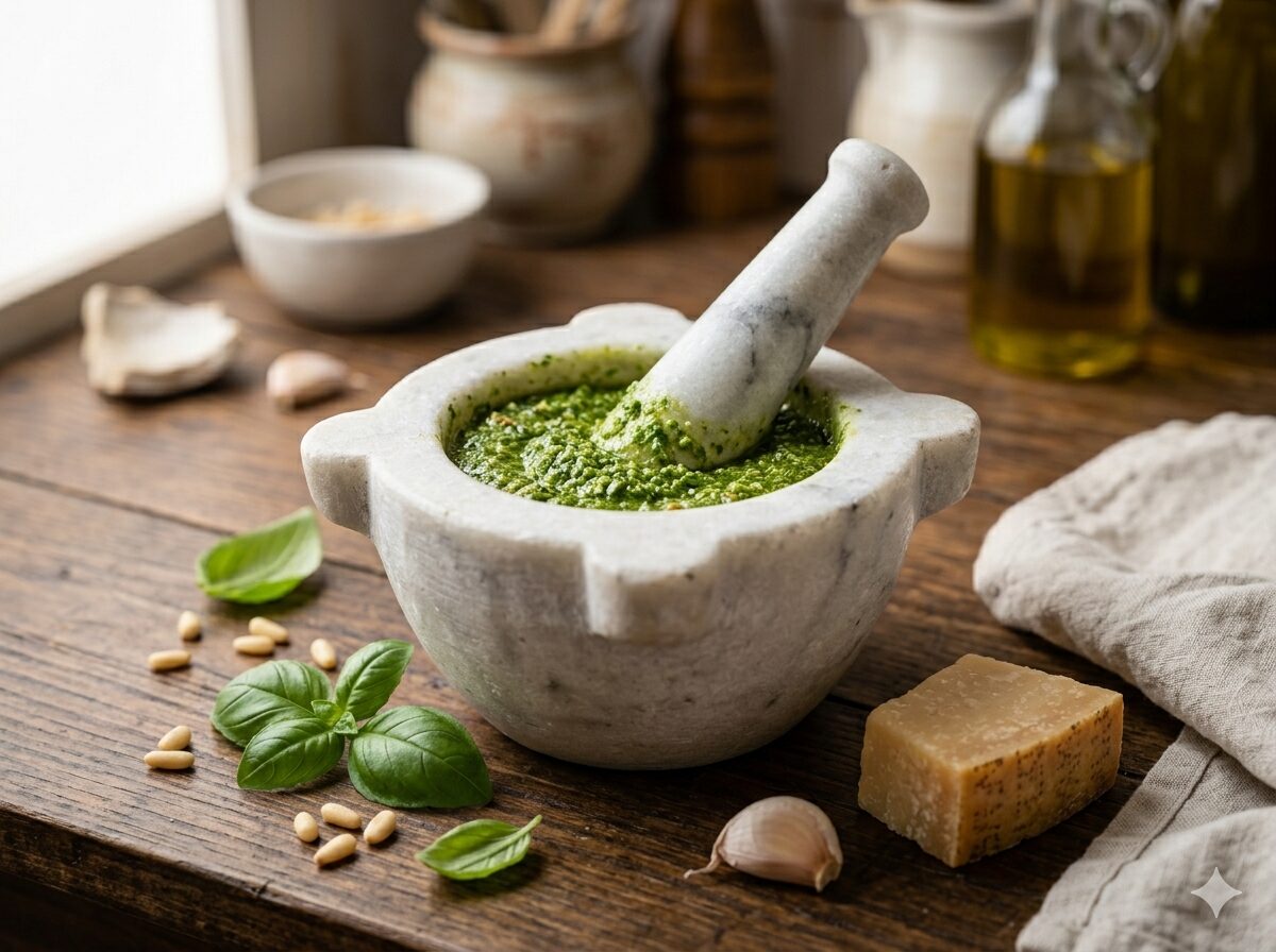 Pesto alla genovese en mortero con albahaca, piñones y Parmigiano