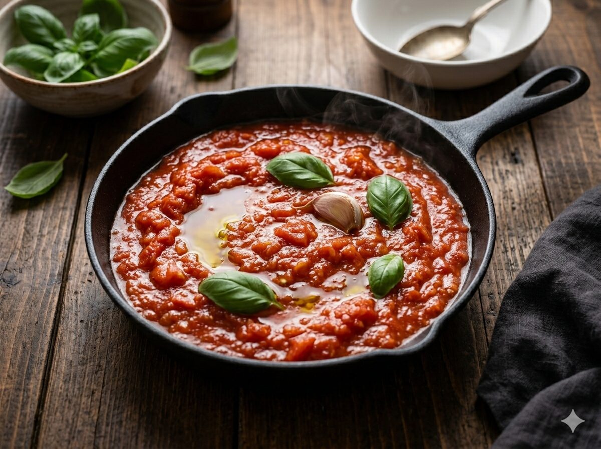 Salsa pomodoro italiana casera en una cacerola con albahaca fresca