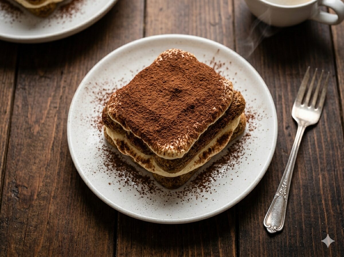 Porción de tiramisú casero con capa de cacao amargo sobre crema de mascarpone