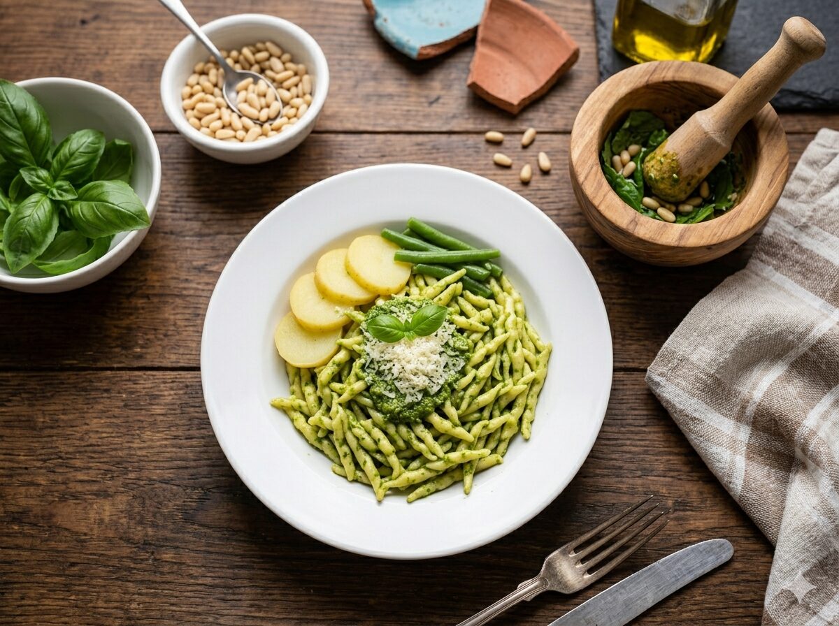 Plato de trofie al pesto alla genovese con papa y chauchas