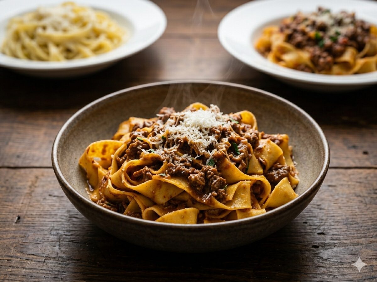 Plato de pappardelle con ragù bolognese y parmigiano rallado